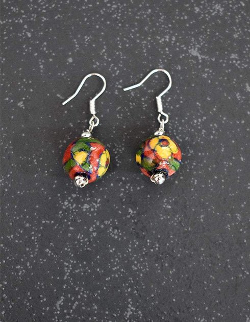 Single Blue Pottery Bead Earrings (Red & Yellow)